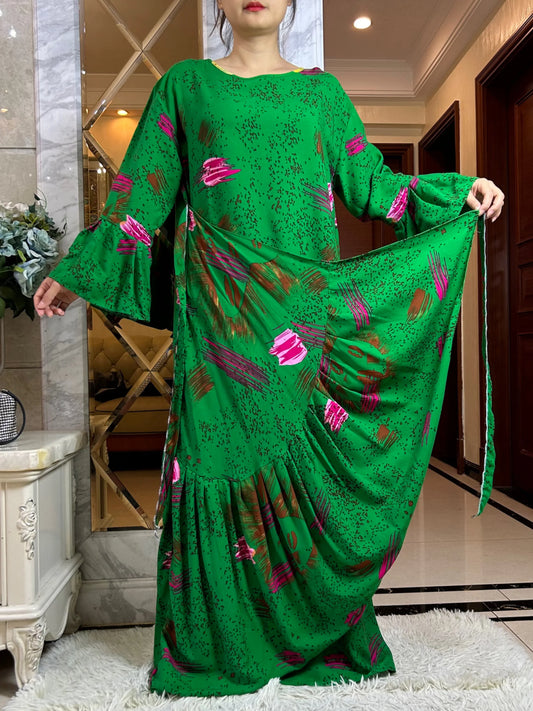 Latest Dubai Fashion Lady Dress Soft Cotton Printing Loose Maxi Islam Women Long Sleeve African Abaya Clothing With Scarf