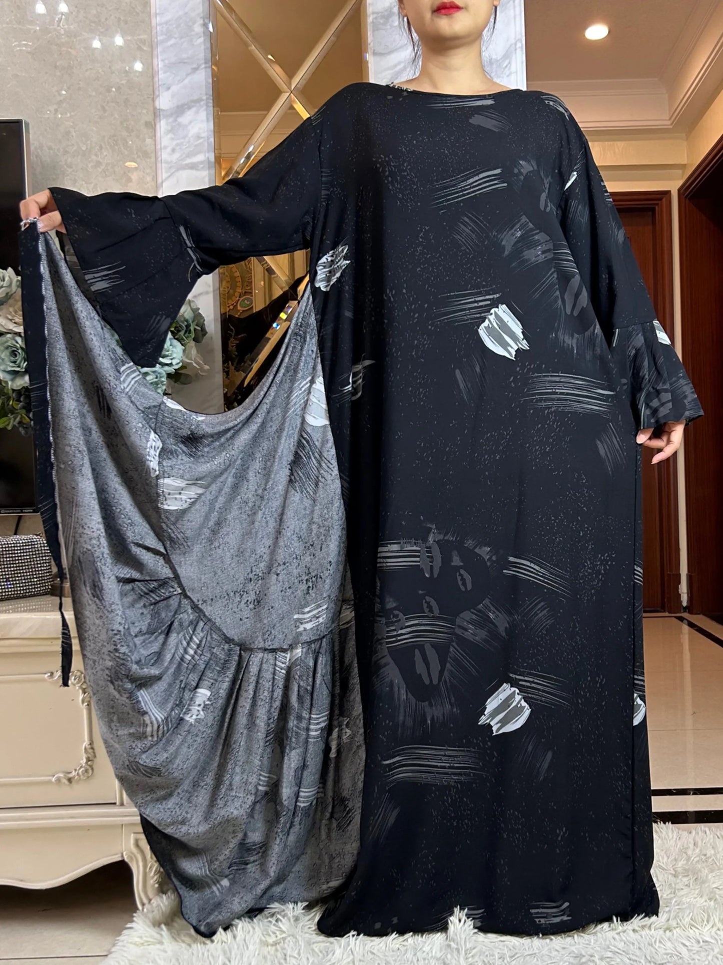 Latest Dubai Fashion Lady Dress Soft Cotton Printing Loose Maxi Islam Women  Long Sleeve African Abaya Clothing With Scarf
