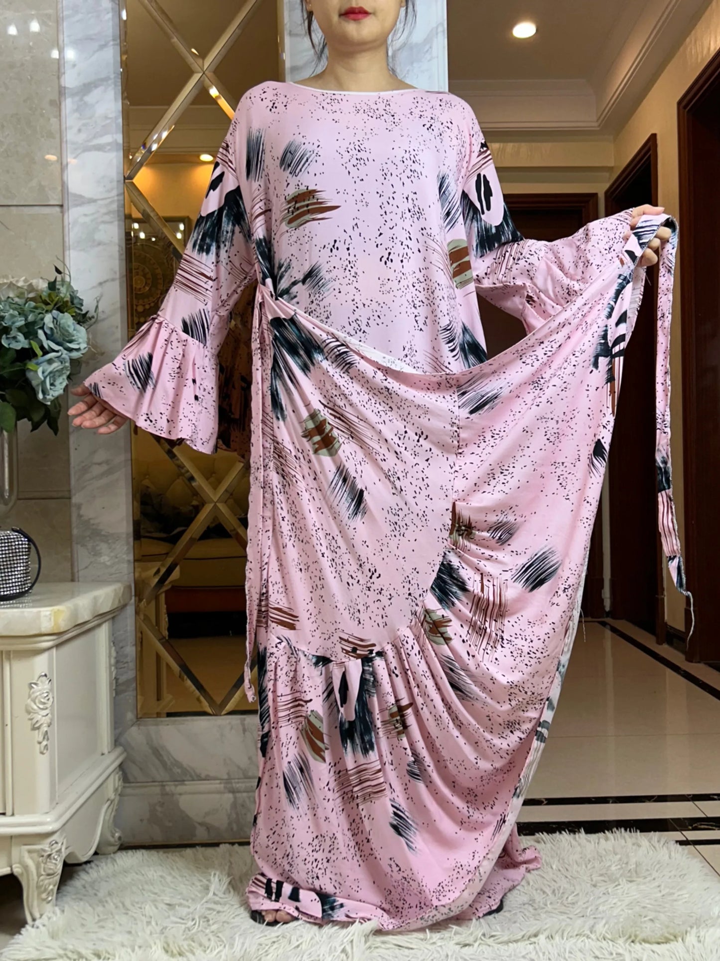 Latest Dubai Fashion Lady Dress Soft Cotton Printing Loose Maxi Islam Women  Long Sleeve African Abaya Clothing With Scarf