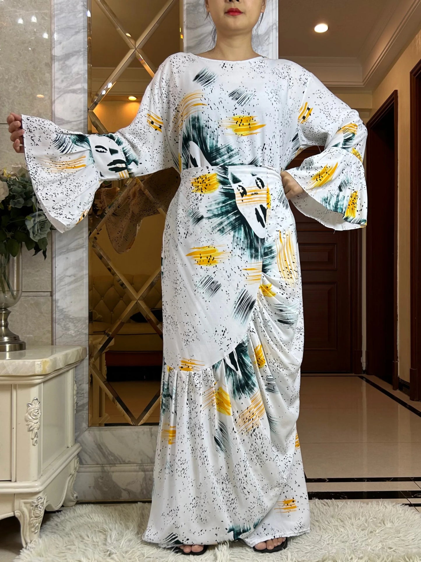Latest Dubai Fashion Lady Dress Soft Cotton Printing Loose Maxi Islam Women  Long Sleeve African Abaya Clothing With Scarf