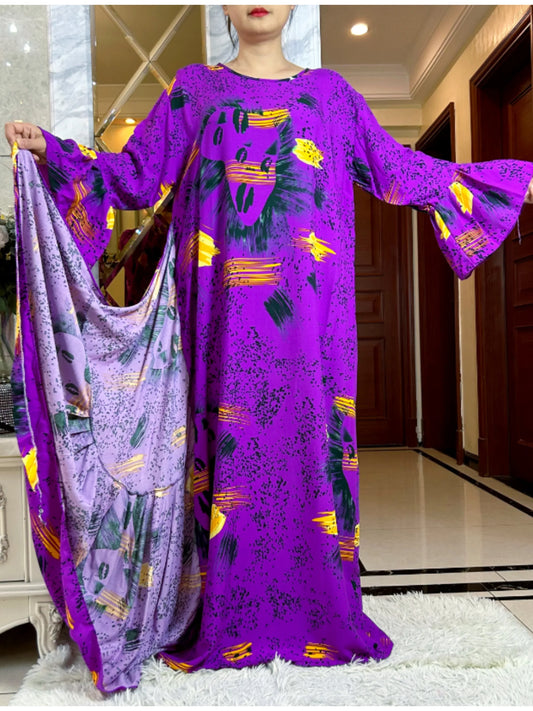 Latest Dubai Fashion Lady Dress Soft Cotton Printing Loose Maxi Islam Women  Long Sleeve African Abaya Clothing With Scarf