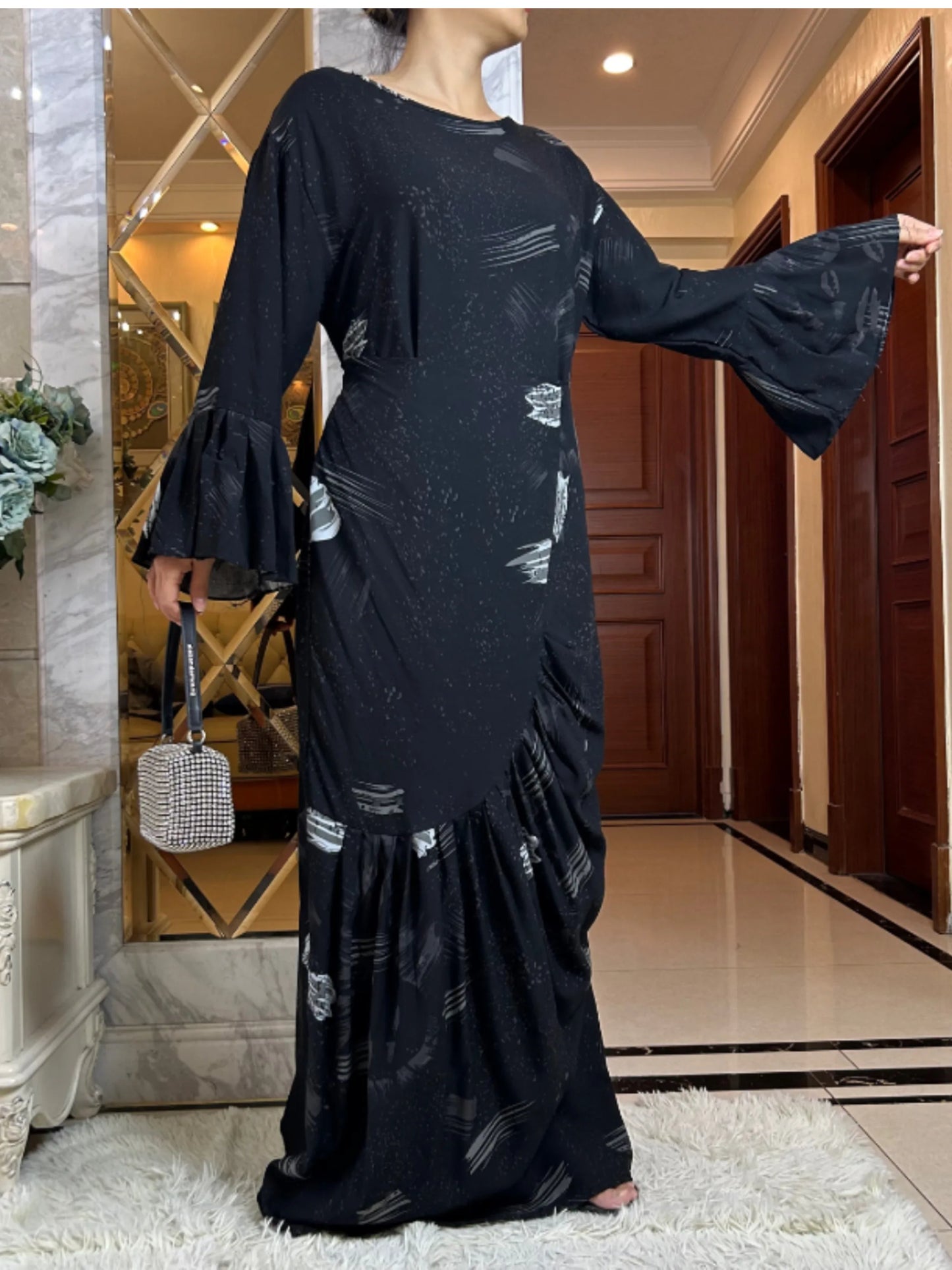 Latest Dubai Fashion Lady Dress Soft Cotton Printing Loose Maxi Islam Women  Long Sleeve African Abaya Clothing With Scarf