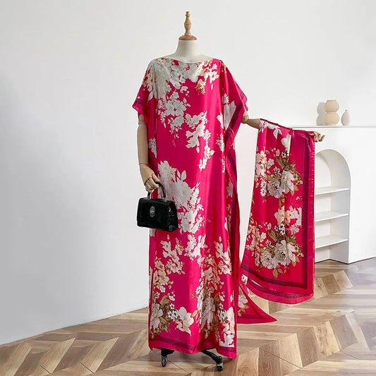 Summer New Fashion African Dresses For Women Elegant Printed Silk Muslim Lady Long Hijab Kaftan Dress Oversize Kuwait Abaya