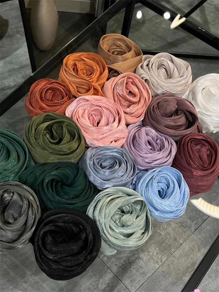 Eid Organza 70*175 cm Maxi Satin Khimar Abaya Dubai Arabic Islam Muslim Scarf Women Shimmer Hijab Turban Hijabs Musulmans Femme