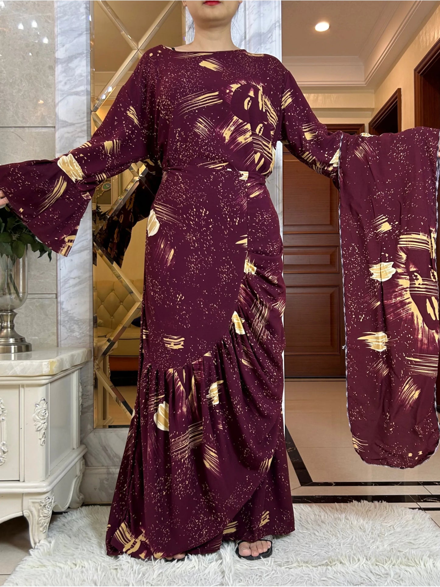 Latest Dubai Fashion Lady Dress Soft Cotton Printing Loose Maxi Islam Women  Long Sleeve African Abaya Clothing With Scarf