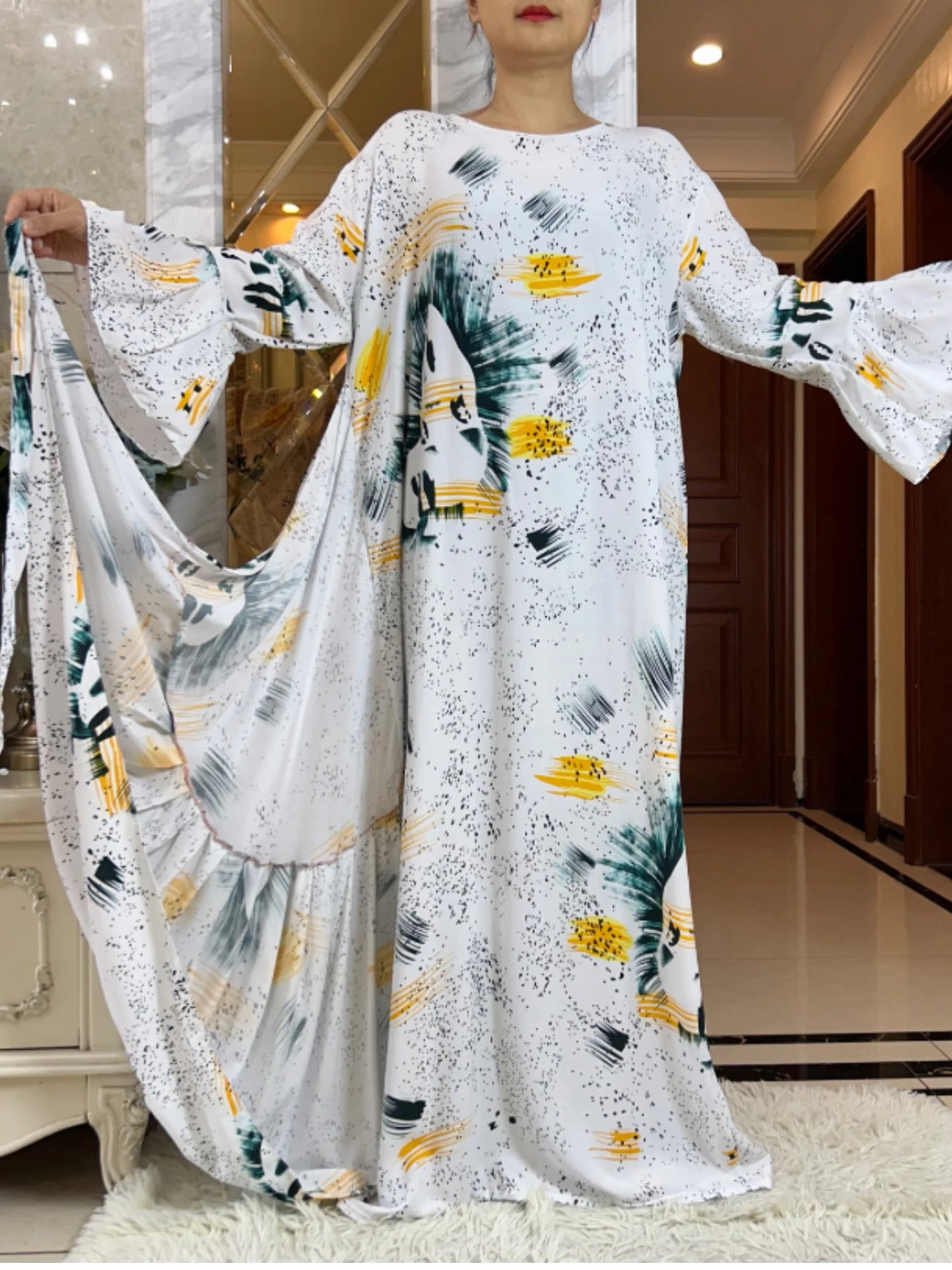 Latest Dubai Fashion Lady Dress Soft Cotton Printing Loose Maxi Islam Women  Long Sleeve African Abaya Clothing With Scarf