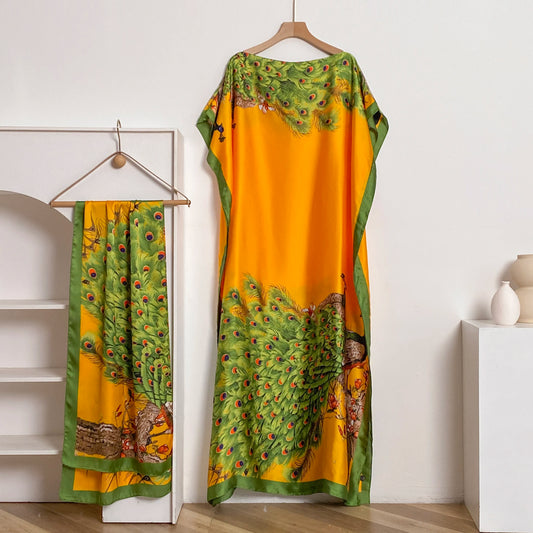 Summer New Fashion African Dresses For Women Elegant Printed Silk Muslim Lady Long Hijab Kaftan Dress Oversize Kuwait Abaya